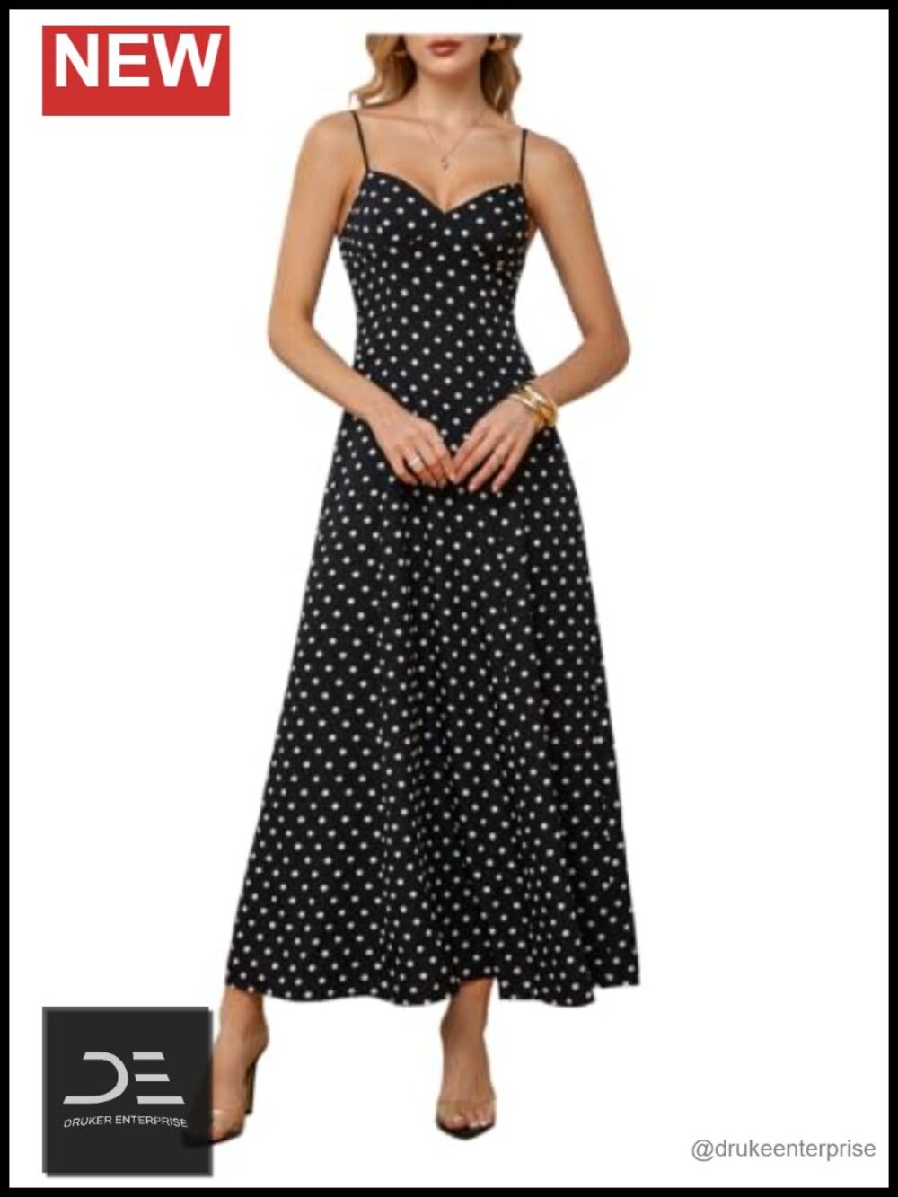 Polka Dot Maxi Dress Spaghetti Straps V-Neck Ruffle Hem